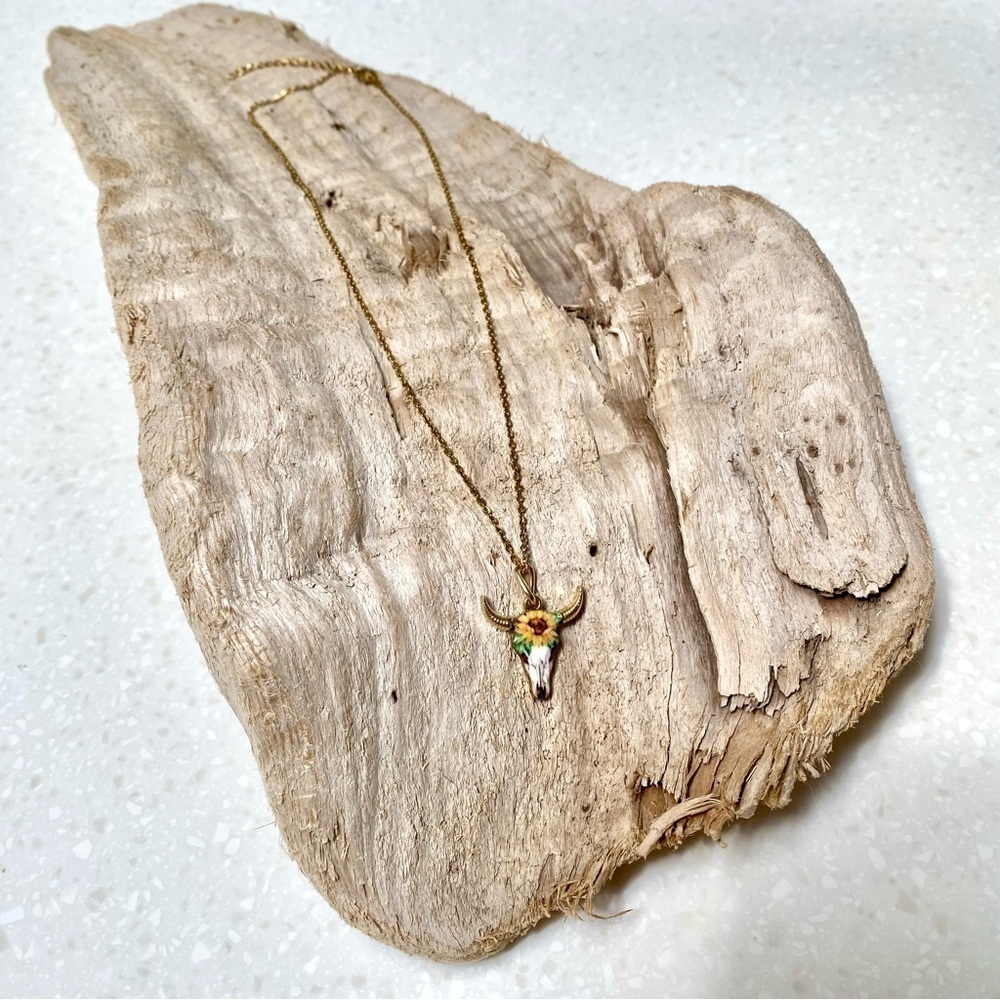 Sunflower Horn/floral skull candy boho rustic gold necklace southwestern vibe